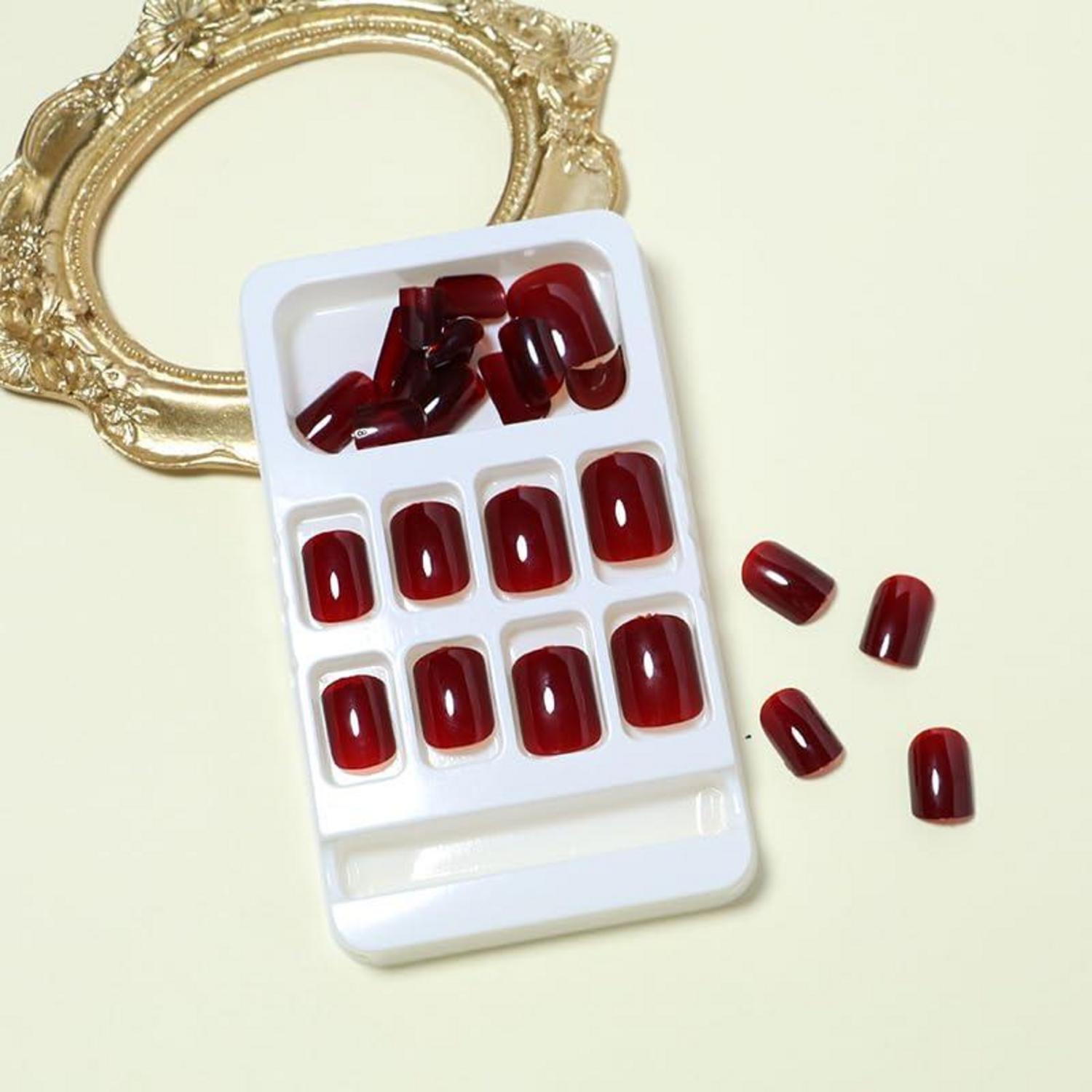 24 Stück Burgundy Press on Nägel, Einfarbig Eckig, Glossy Fake Nägel