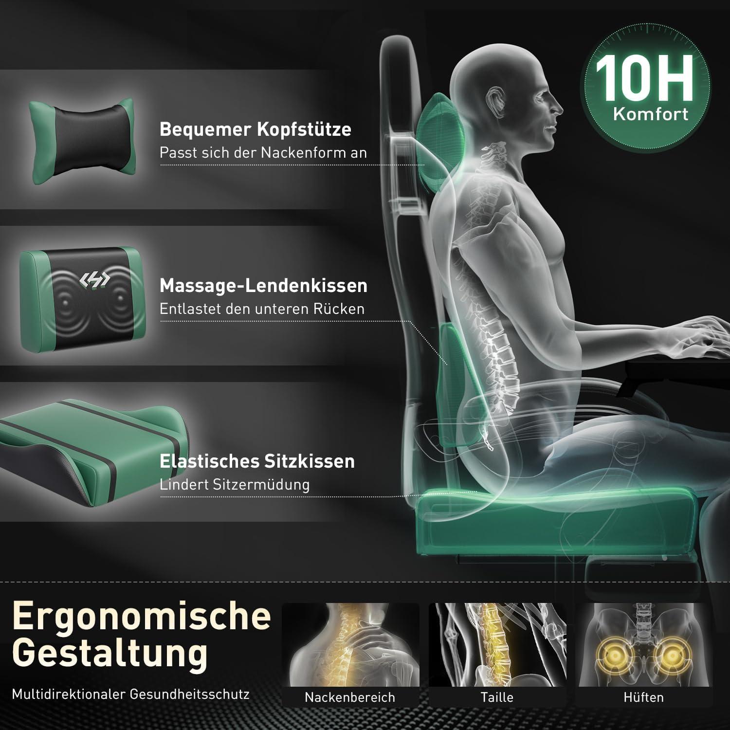 Ergonomischer Gaming Stuhl mit Massagefunktion und Fußstütze, Schwarz-Grün