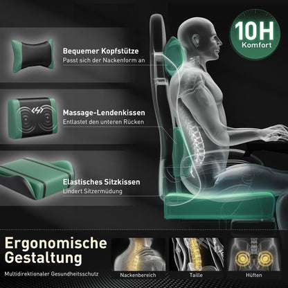 Ergonomischer Gaming Stuhl mit Massagefunktion und Fußstütze, Schwarz-Grün