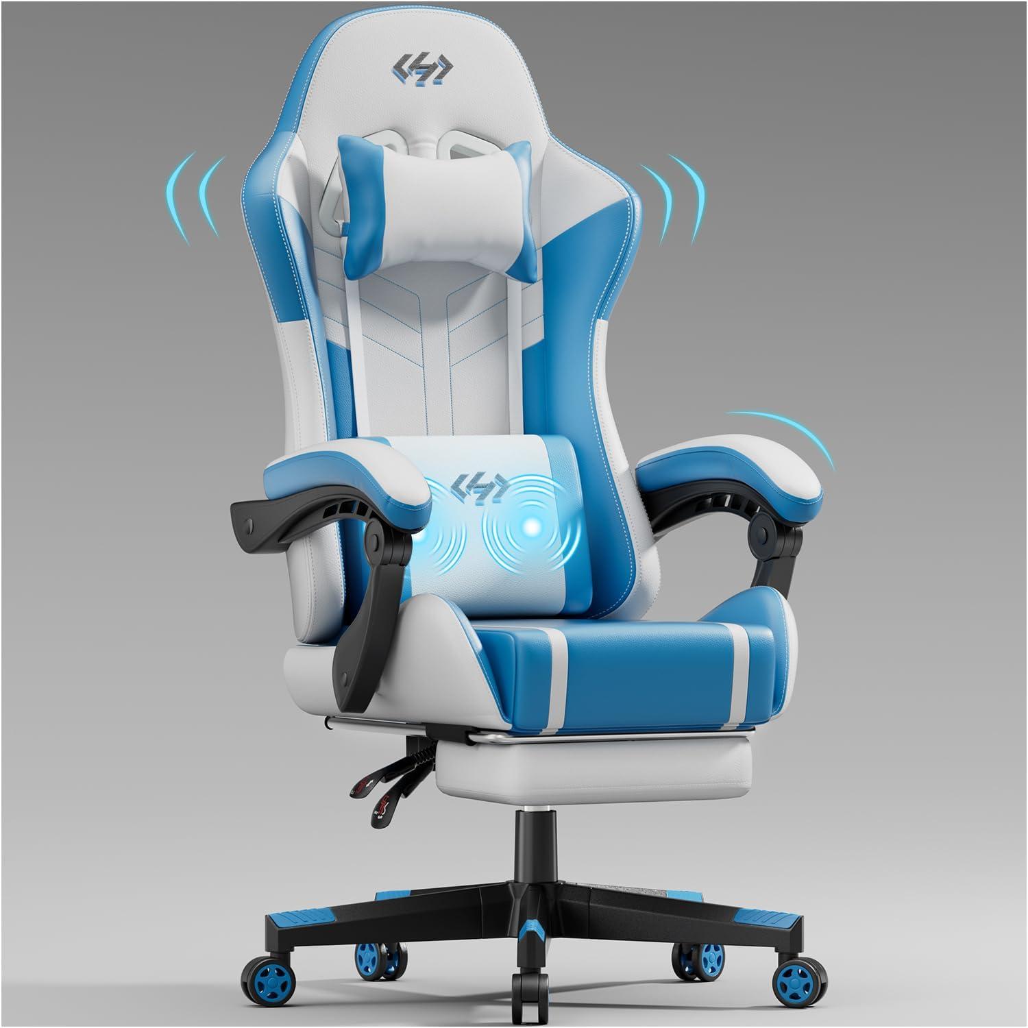 Hochwertiger Gaming Stuhl mit Massagefunktion in Weiß-Blau