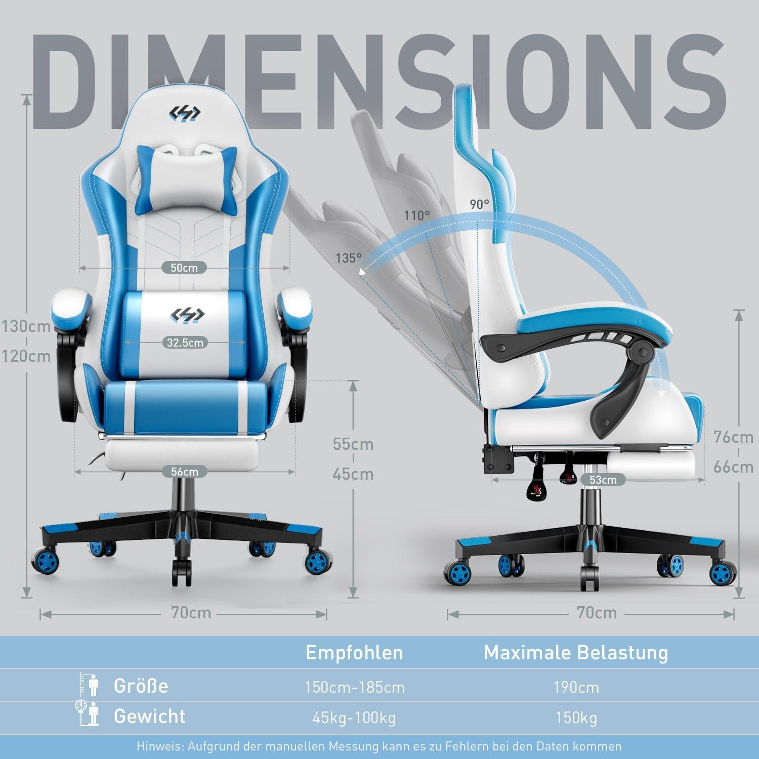Hochwertiger Gaming Stuhl mit Massagefunktion in Weiß-Blau