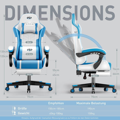 Hochwertiger Gaming Stuhl mit Massagefunktion in Weiß-Blau