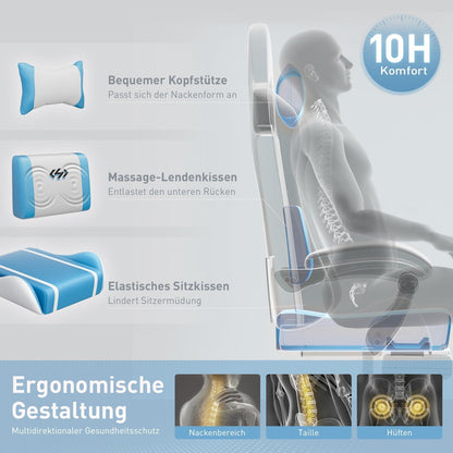 Gaming Stuhl mit Massagefunktion, Gamer Stuhl, Racing Gaming Sessel, Fußstütze, Kopfstütze, Massage Lendenkissen, PC Stuhl, Weiß-Blau, 150 kg