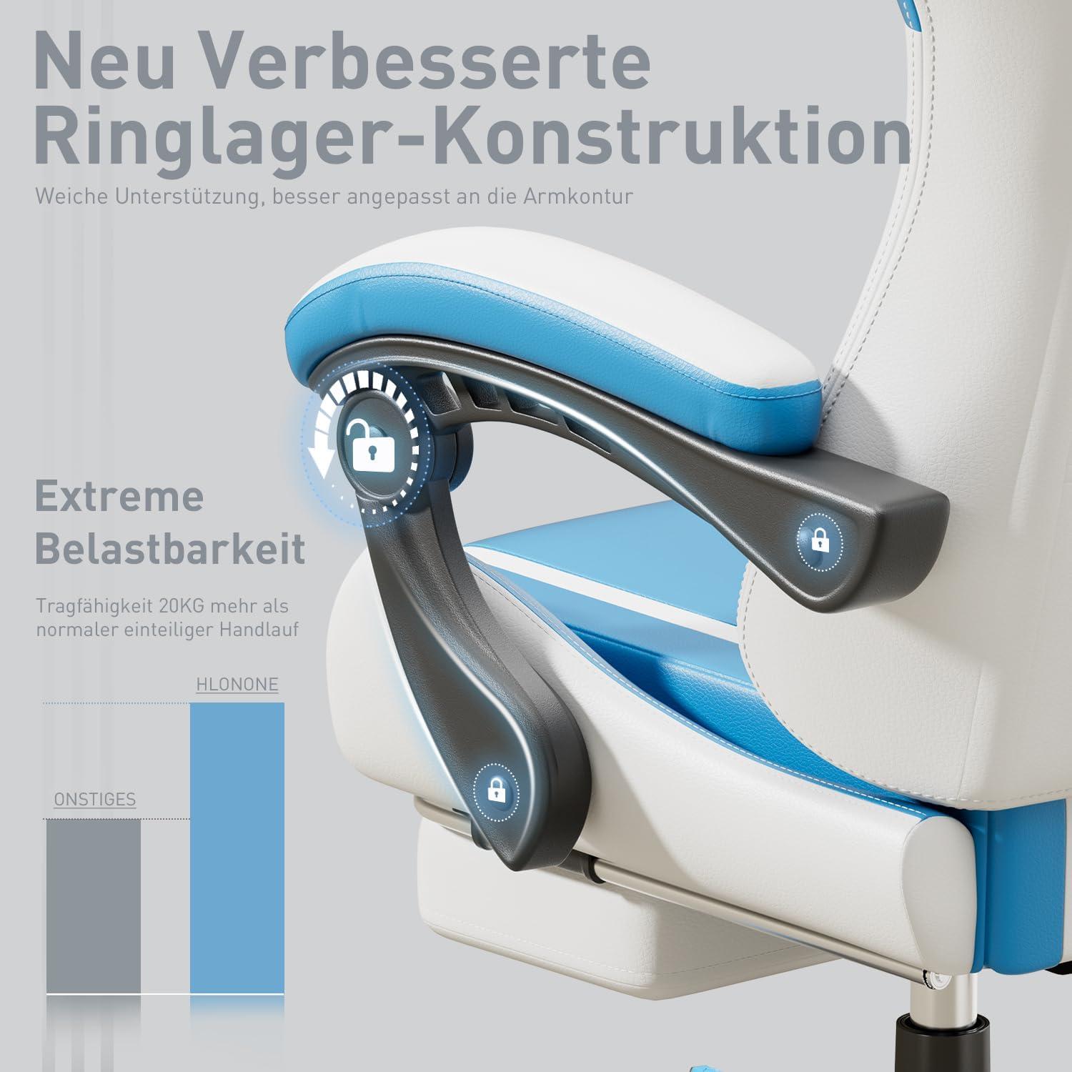 Ergonomischer Gaming Stuhl mit Massagefunktion, Fußstütze, PC Sessel, Weiß-Blau