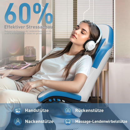Ergonomischer Gaming Stuhl mit Massagefunktion, Fußstütze, PC Sessel, Weiß-Blau