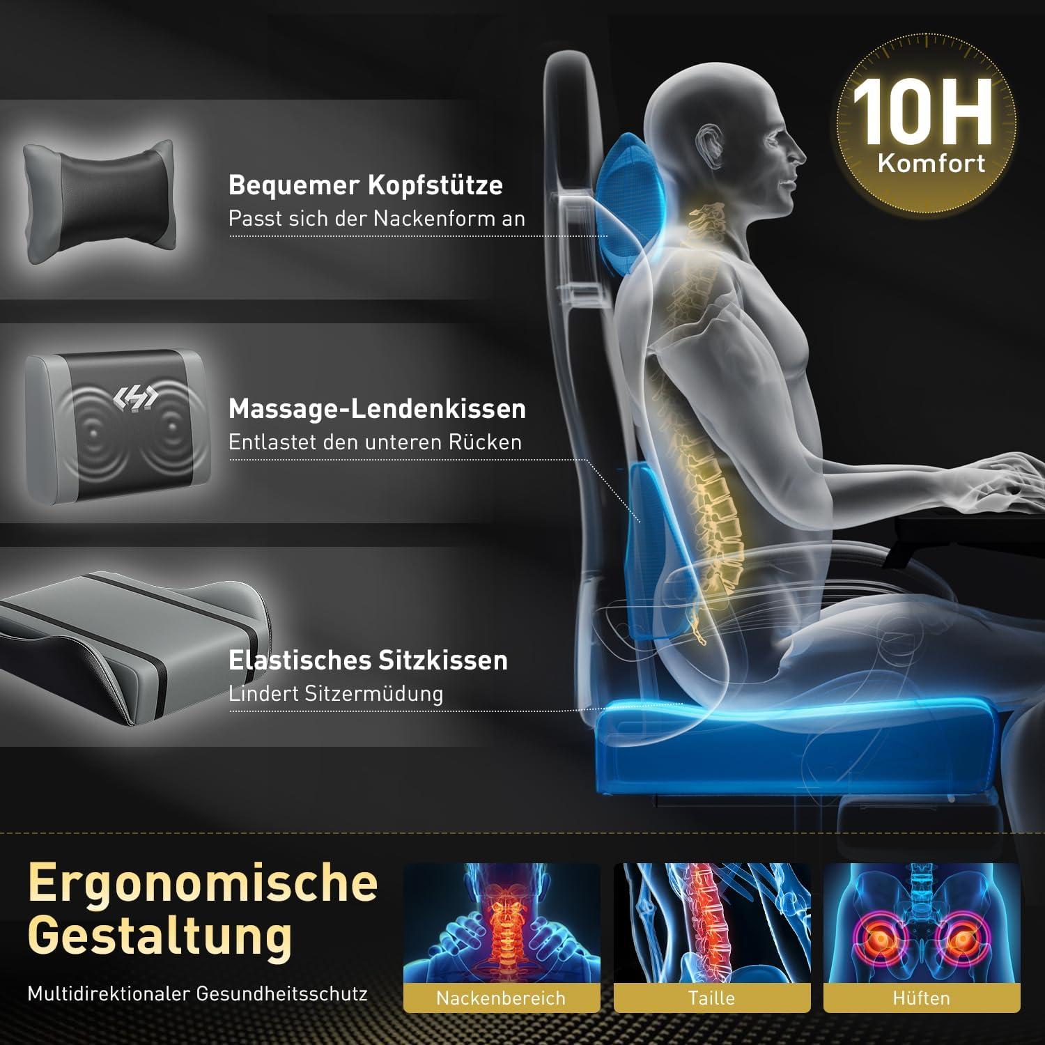 HLONONE Gaming Stuhl Massage Ergonomisch Racing Sessel Fußstütze Schwarz-Grau