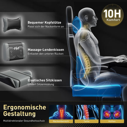 HLONONE Gaming Stuhl Massage Ergonomisch Racing Sessel Fußstütze Schwarz-Grau
