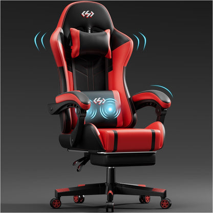 Gaming Stuhl mit Massagefunktion und Fußstütze, Schwarz-Rot