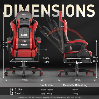 Gaming Stuhl mit Massagefunktion und Fußstütze, Schwarz-Rot
