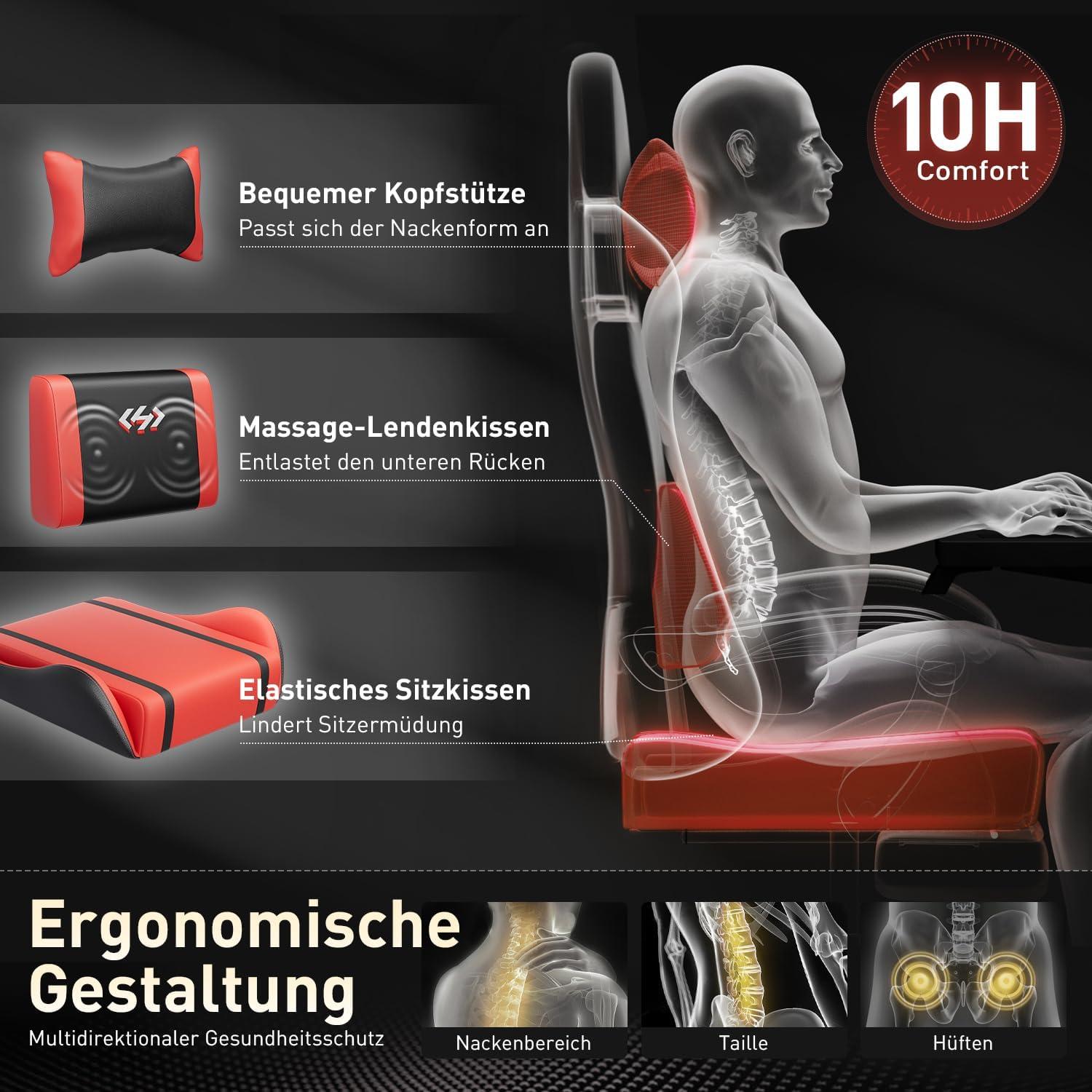 Gaming Stuhl mit Massagefunktion, Racing Sessel, Fußstütze, Kopfstütze, Massage Lendenkissen, Schwarz-Rot, 150 kg