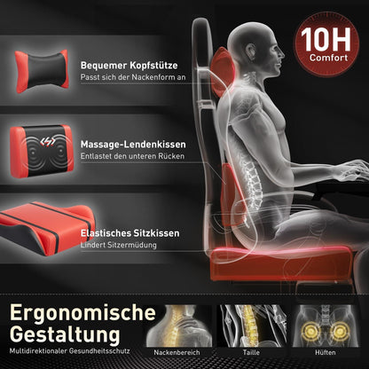 Gaming Stuhl mit Massagefunktion, Racing Sessel, Fußstütze, Kopfstütze, Massage Lendenkissen, Schwarz-Rot, 150 kg