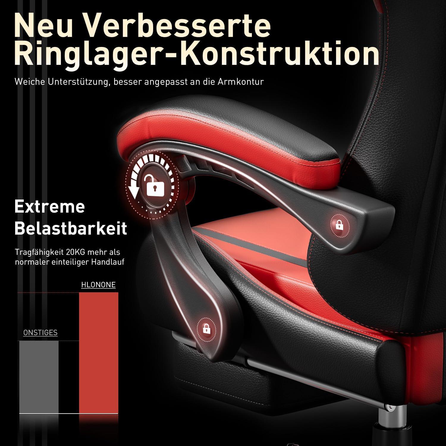 Gaming Stuhl Massage Ergonomischer Racer Fußstütze Kopfstütze 150 kg Schwarz-Rot