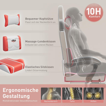 Ergonomischer Gamer Stuhl mit Massagefunktion und Fußstütze, Weiß-Rot