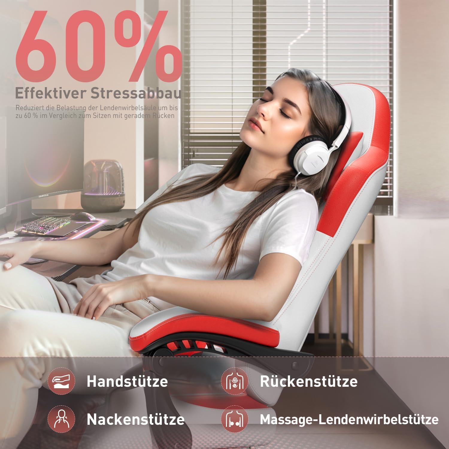 Gaming Stuhl Massagefunktion Racing Sessel Fußstütze Weiß-Rot