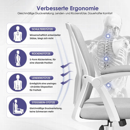 Ergonomischer Bürostuhl mit Lendenstütze, Armlehnen, Wippfunktion, Grau 150kg