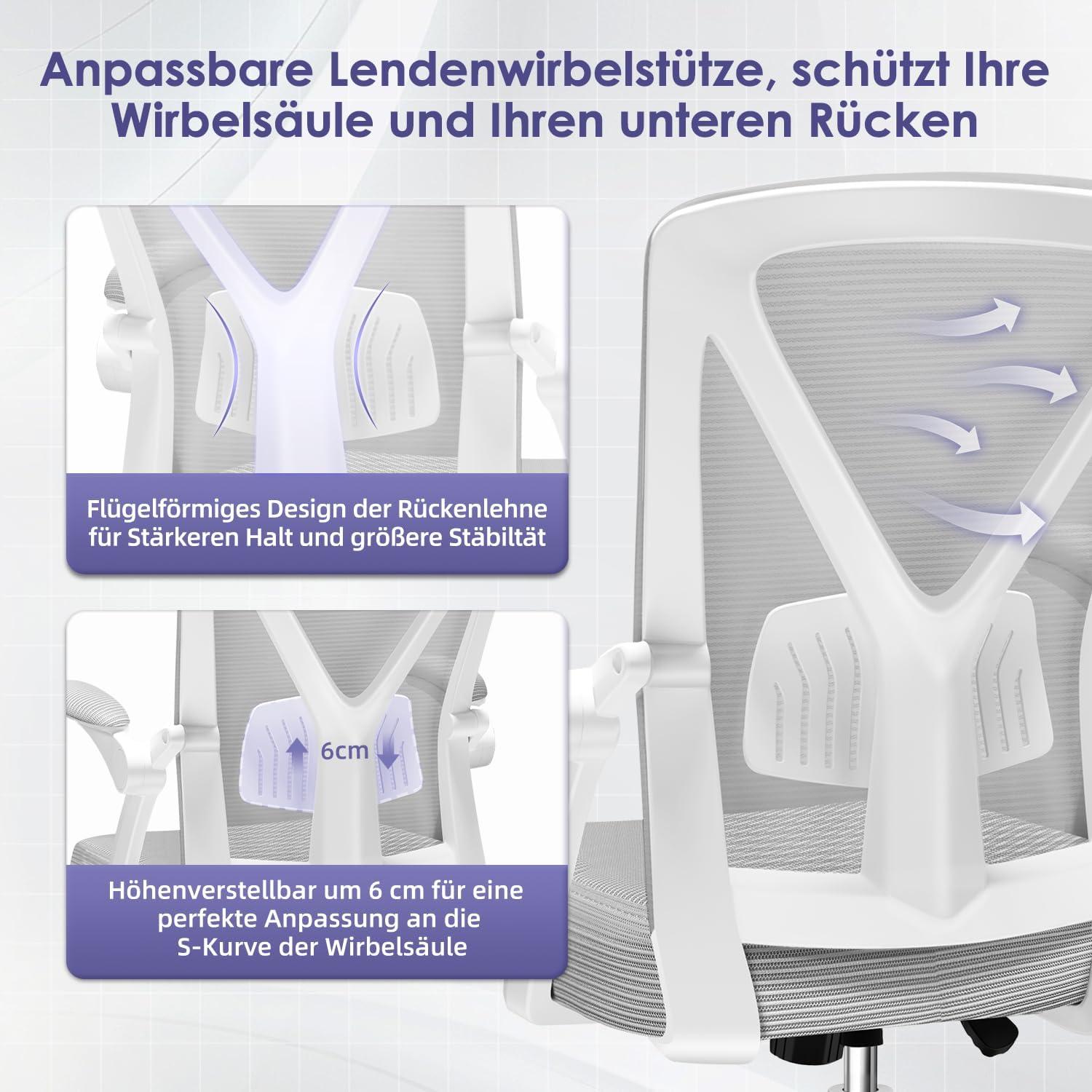 Ergonomischer Bürostuhl mit Lendenstütze Armlehnen Grau 150kg