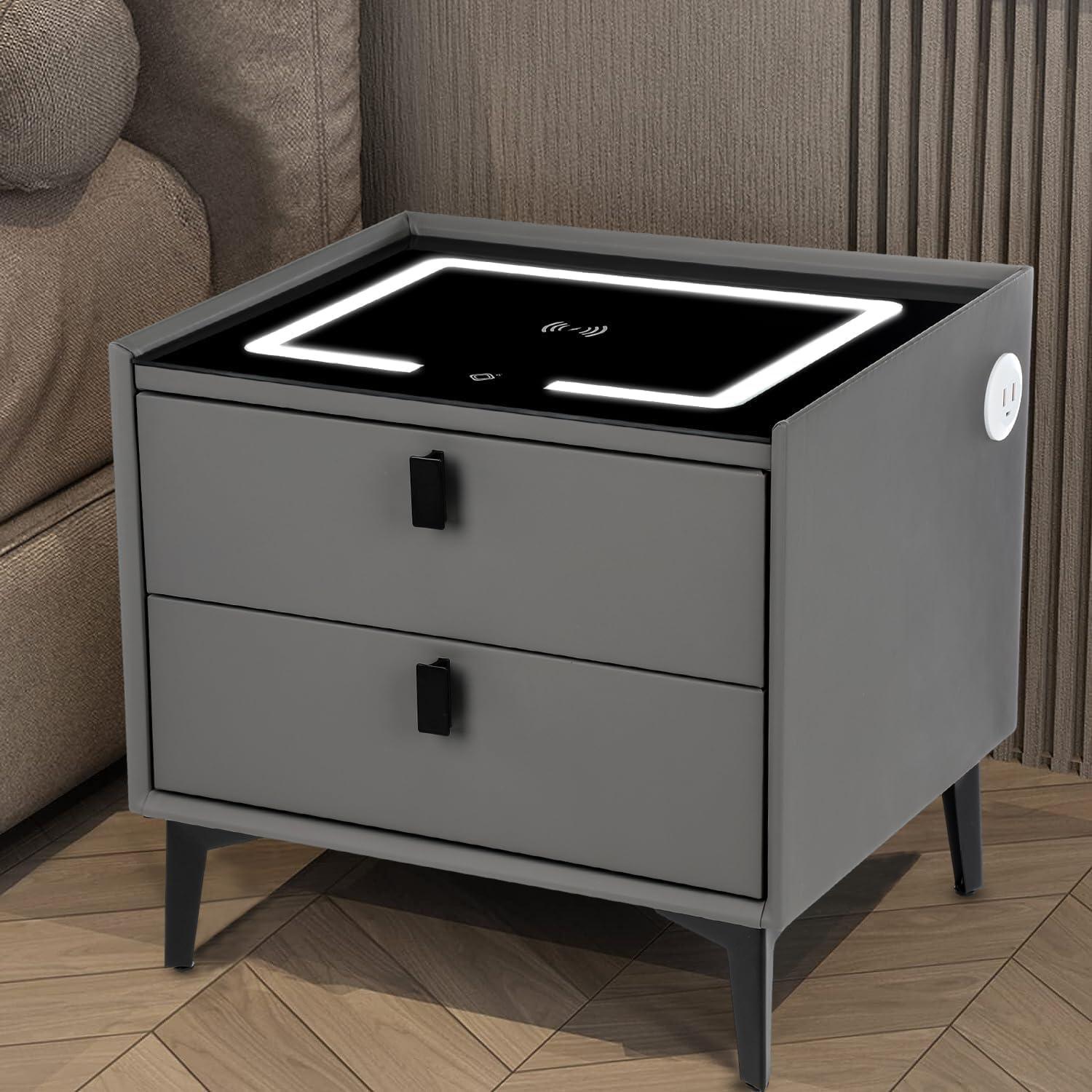 Nachttisch Schwarz Smart LED kabelloses Aufladen 2 Schubladen