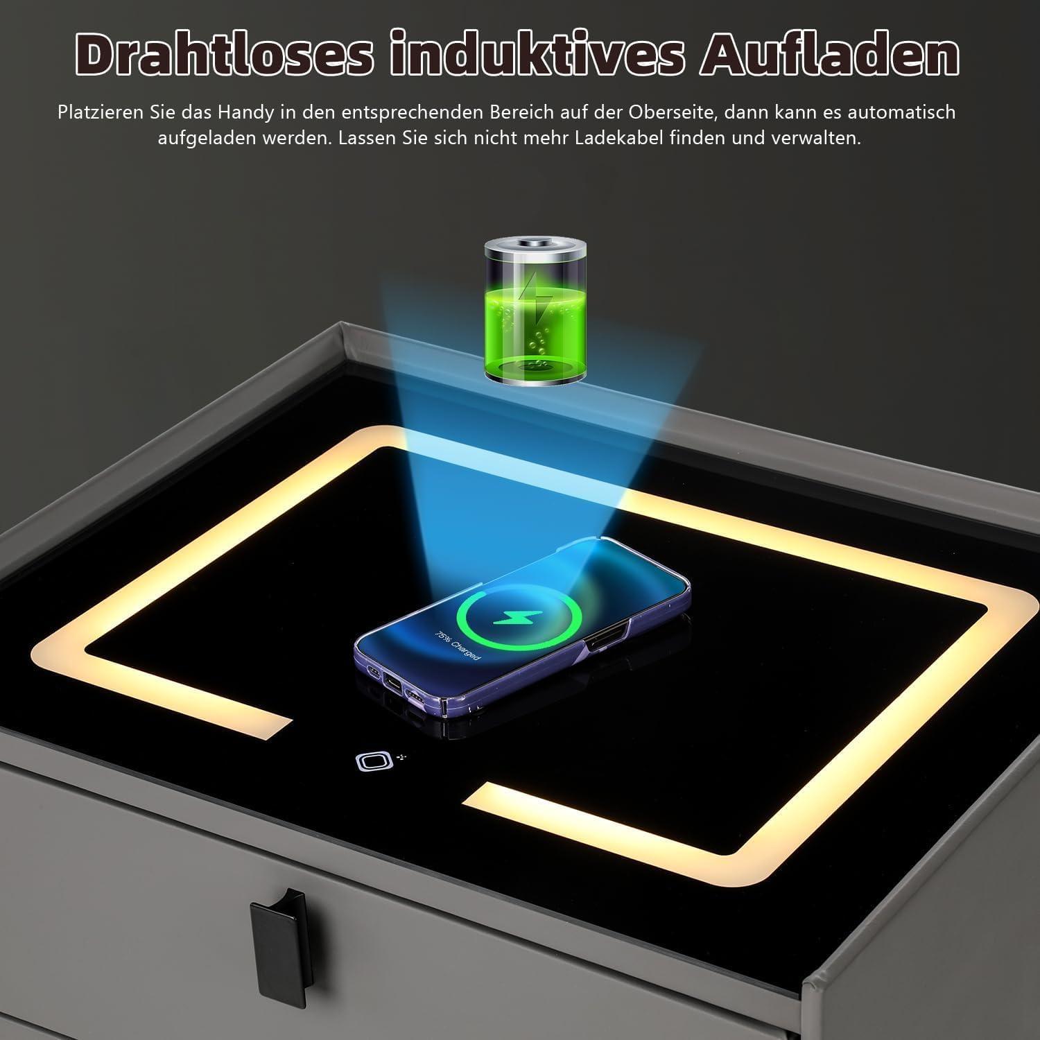 Nachttisch Schwarz Smart LED kabelloses Aufladen 2 Schubladen