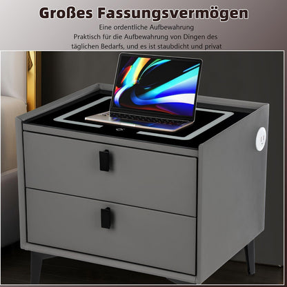 Nachttisch Schwarz LED-Licht Handy kabelloses Aufladen 2 Schubladen