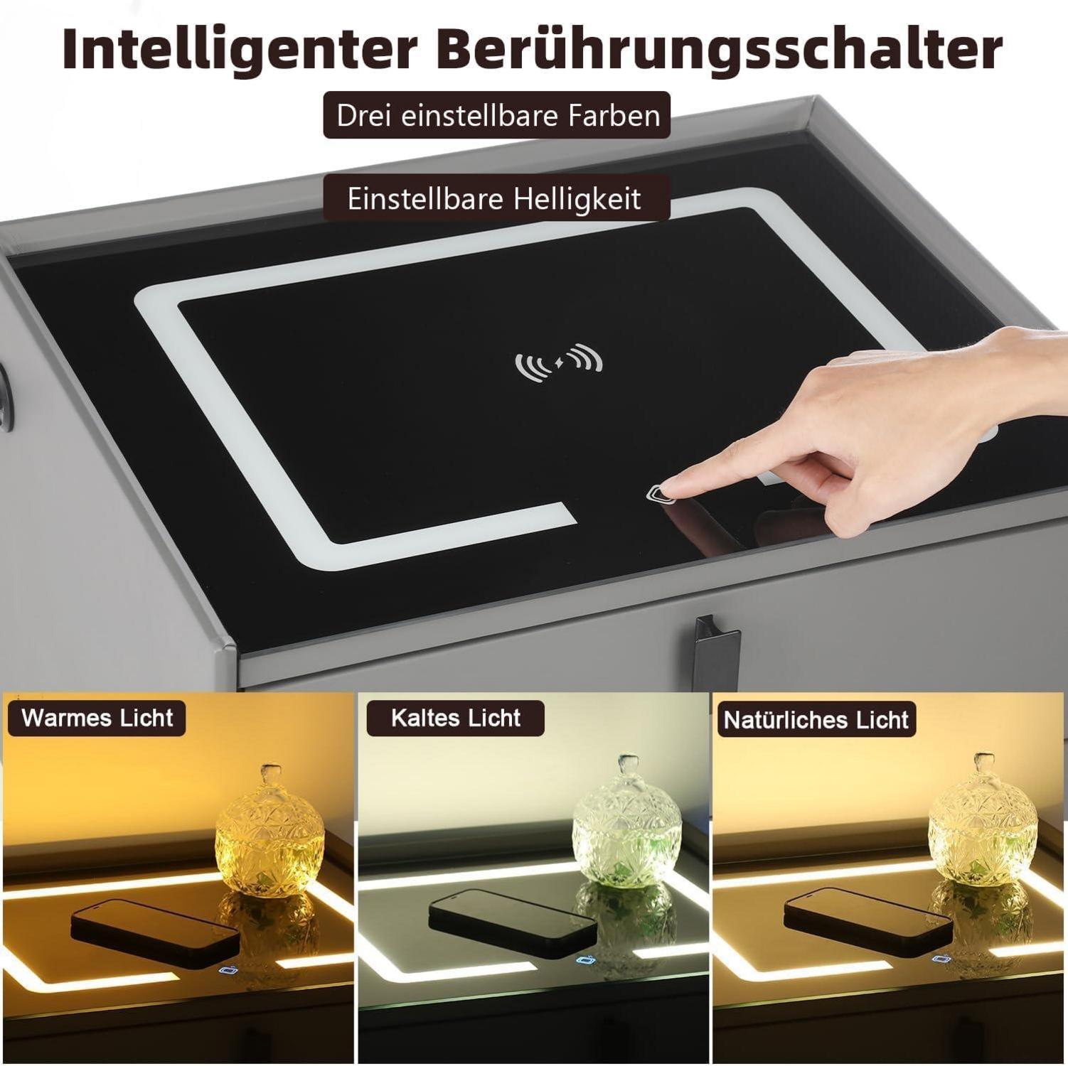 Nachttisch Schwarz LED Licht Kabelloses Laden 2 Schubladen Bettschrank