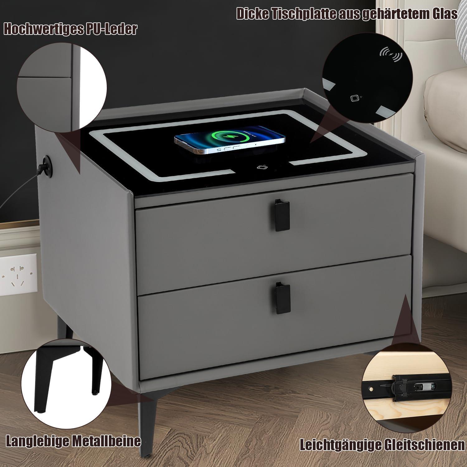 Smart Nachttisch mit kabellosem Handyaufladen LED-Licht 2 Schubladen