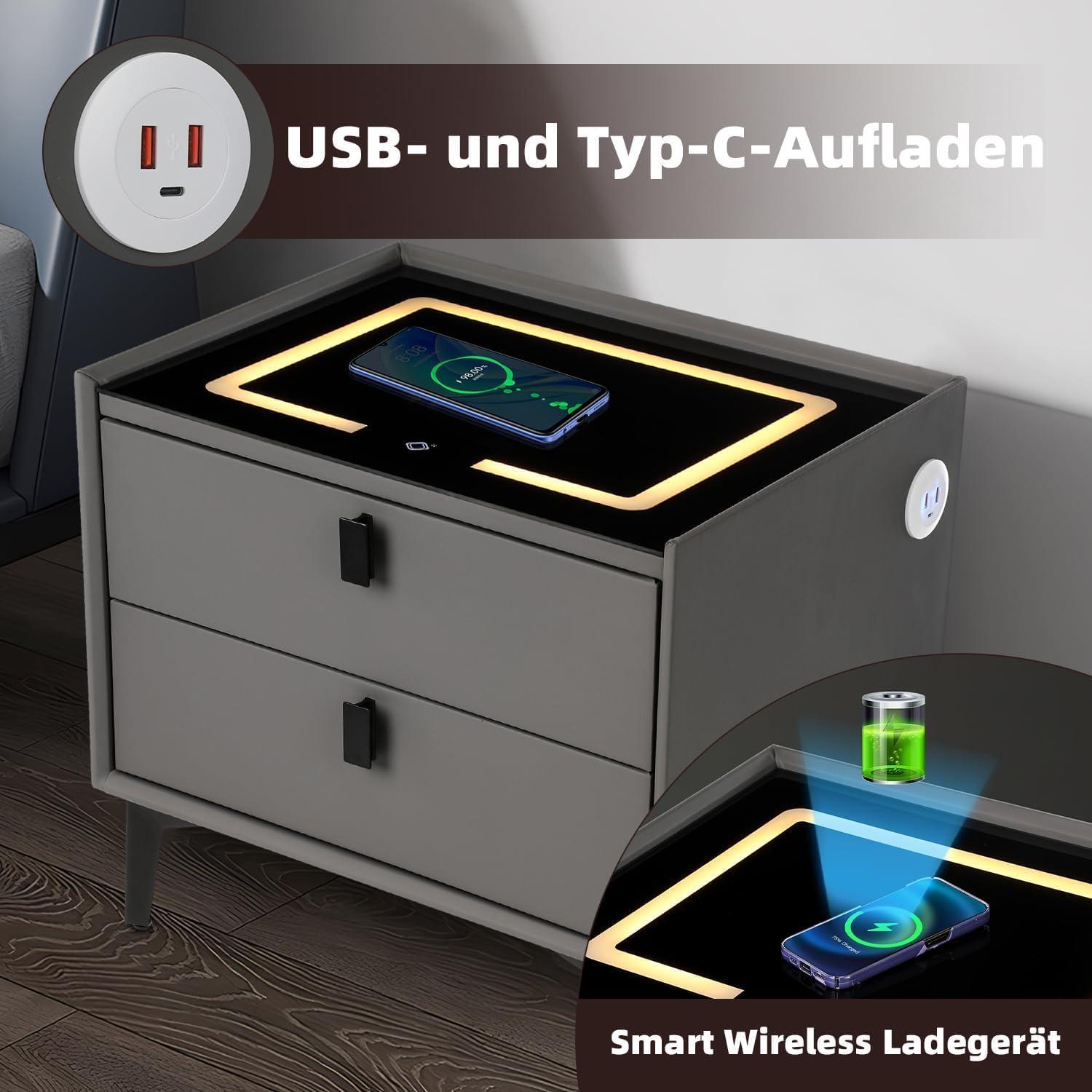 Nachttisch Schwarz LED Licht Kabelloses Laden 2 Schubladen Bettschrank