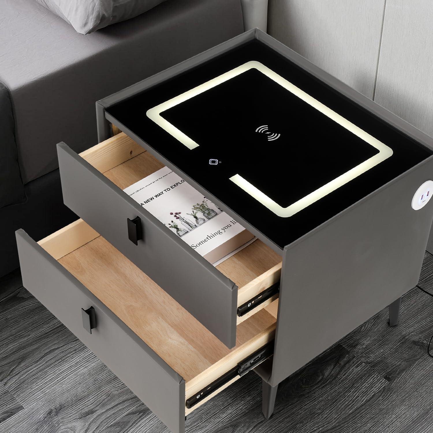 Nachttisch Schwarz LED-Licht Handy kabelloses Aufladen 2 Schubladen