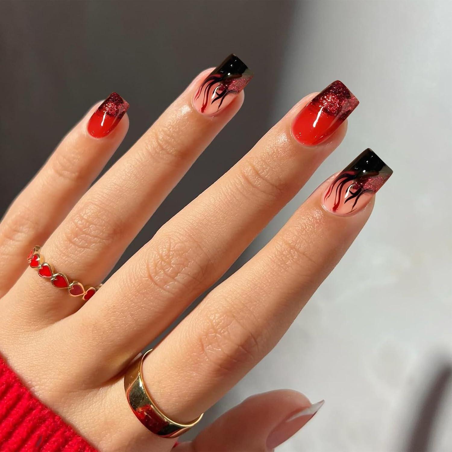 24 Stück Flammen Press on Nägel Kurz Rote Glitzer Design Nagel