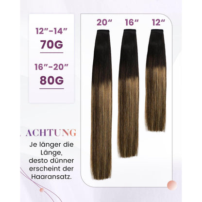 Echthaar Pferdeschwanz Extension Ombre Braun Schwarz Karamellblond 45cm