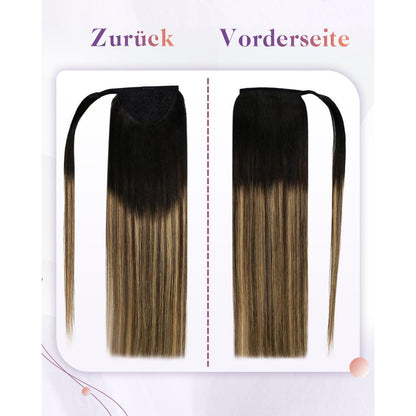 Echthaar Pferdeschwanz Extension Ombre Braun Schwarz Karamellblond 45cm