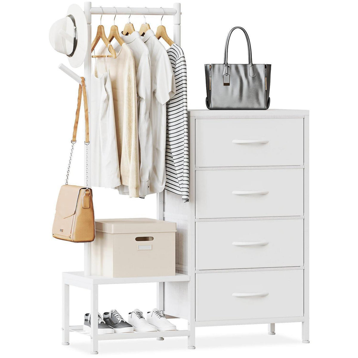 3-in-1 Kommode mit Kleiderstange & Schuhregal, Weiß