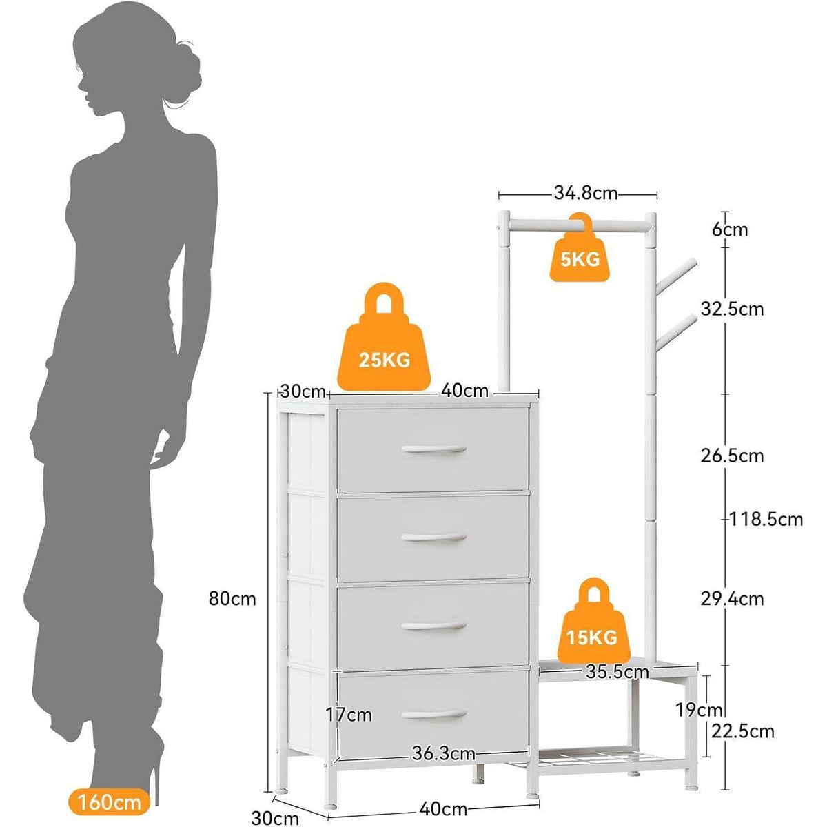 3-in-1 Kommode mit Kleiderstange & Schuhregal, Weiß