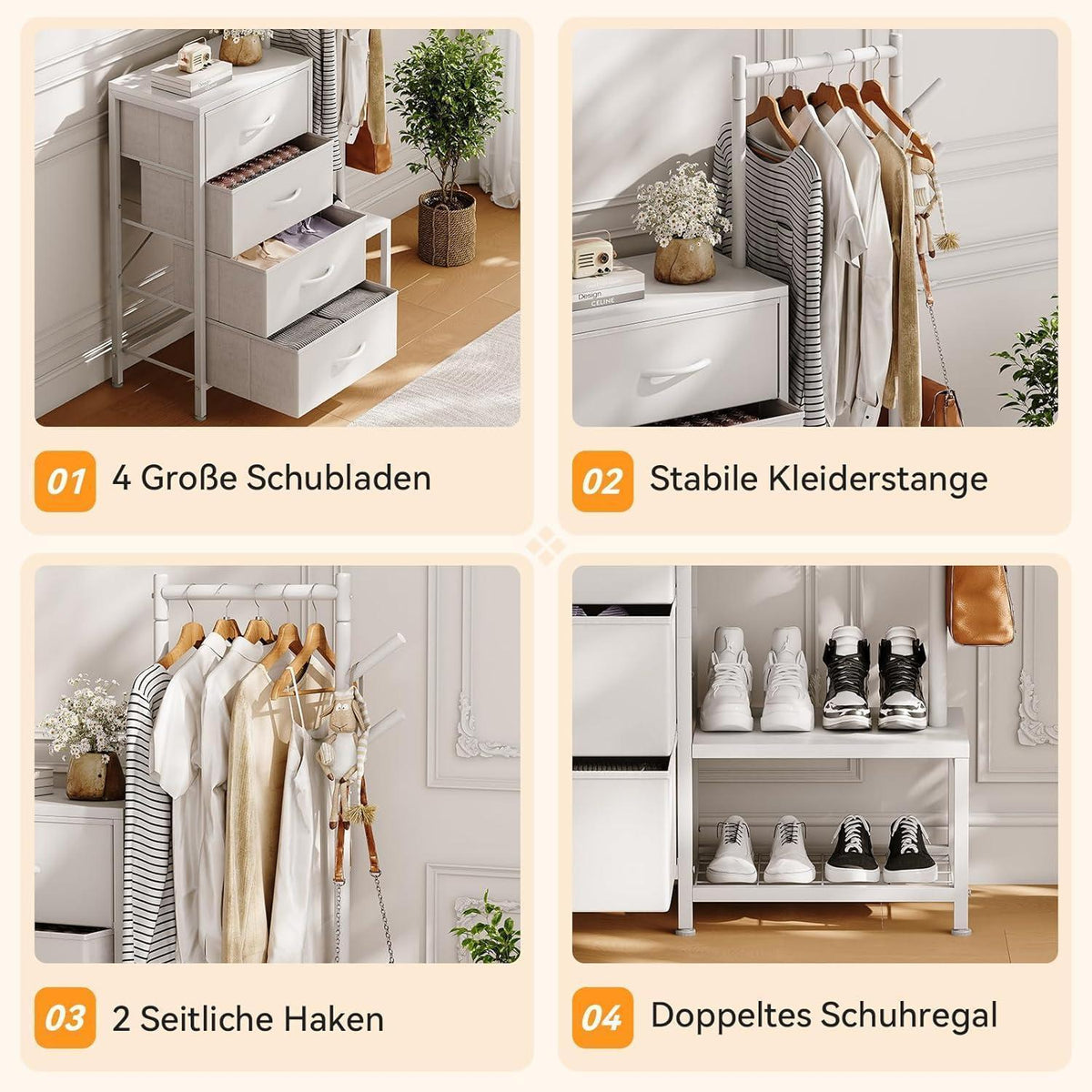3-in-1 Kommode mit Kleiderstange & Schuhregal, Weiß