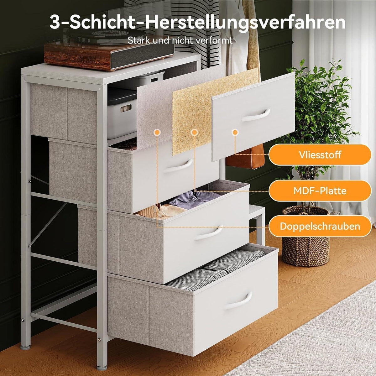 3-in-1 Kommode mit Kleiderstange & Schuhregal, Weiß