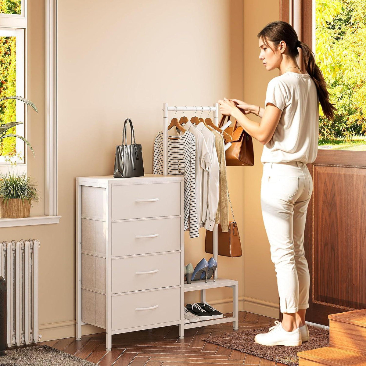3-in-1 Kommode mit Kleiderstange & Schuhregal, Weiß