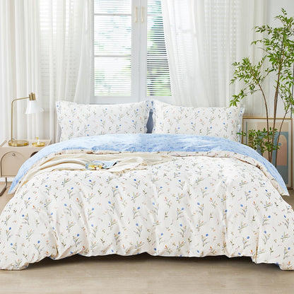 Blumen Bettwäsche Set 200x200 Baumwolle Blau Botanisch