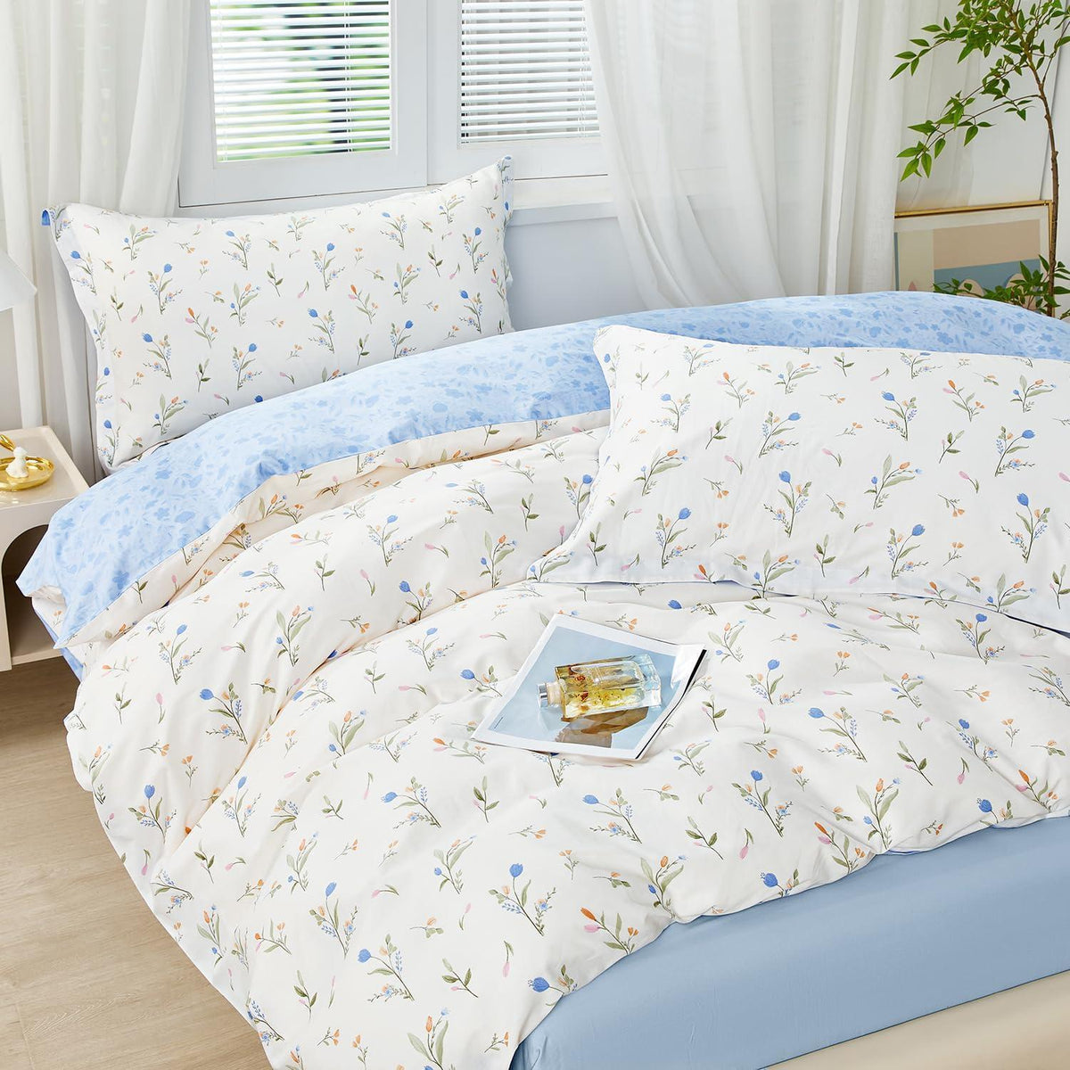 Blumen Bettwäsche Set 200x200 Baumwolle Blau Botanisch