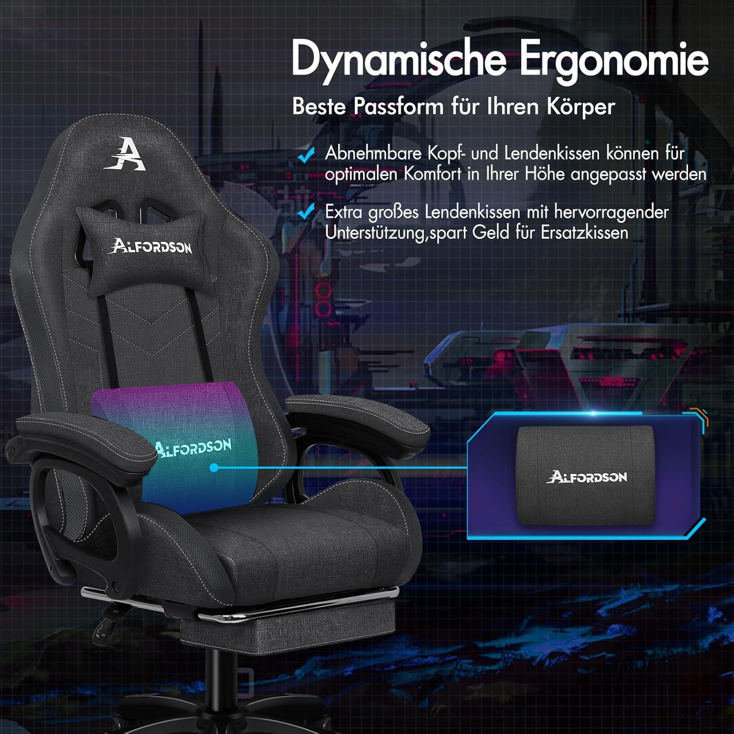 ALFORDSON Gamer Stuhl Ergonomisch Lendenwirbelkissen Kopfstütze Höhenverstellbar Grau