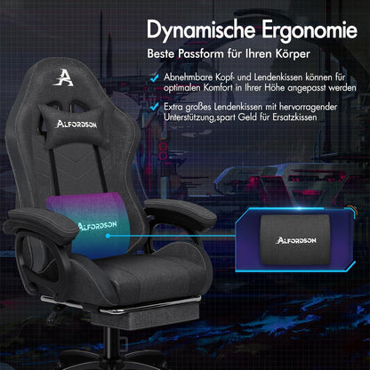 ALFORDSON Gamer Stuhl Ergonomisch Lendenwirbelkissen Kopfstütze Höhenverstellbar Grau