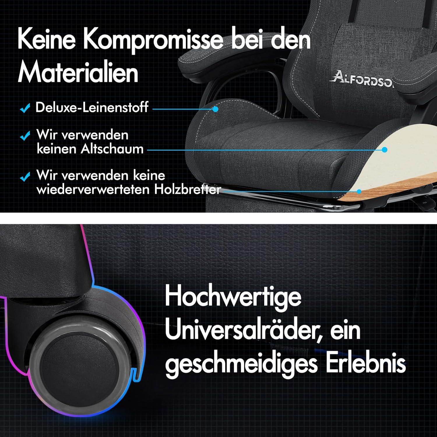 ALFORDSON Gamer Stuhl Ergonomisch Lendenwirbelkissen Kopfstütze Höhenverstellbar Grau