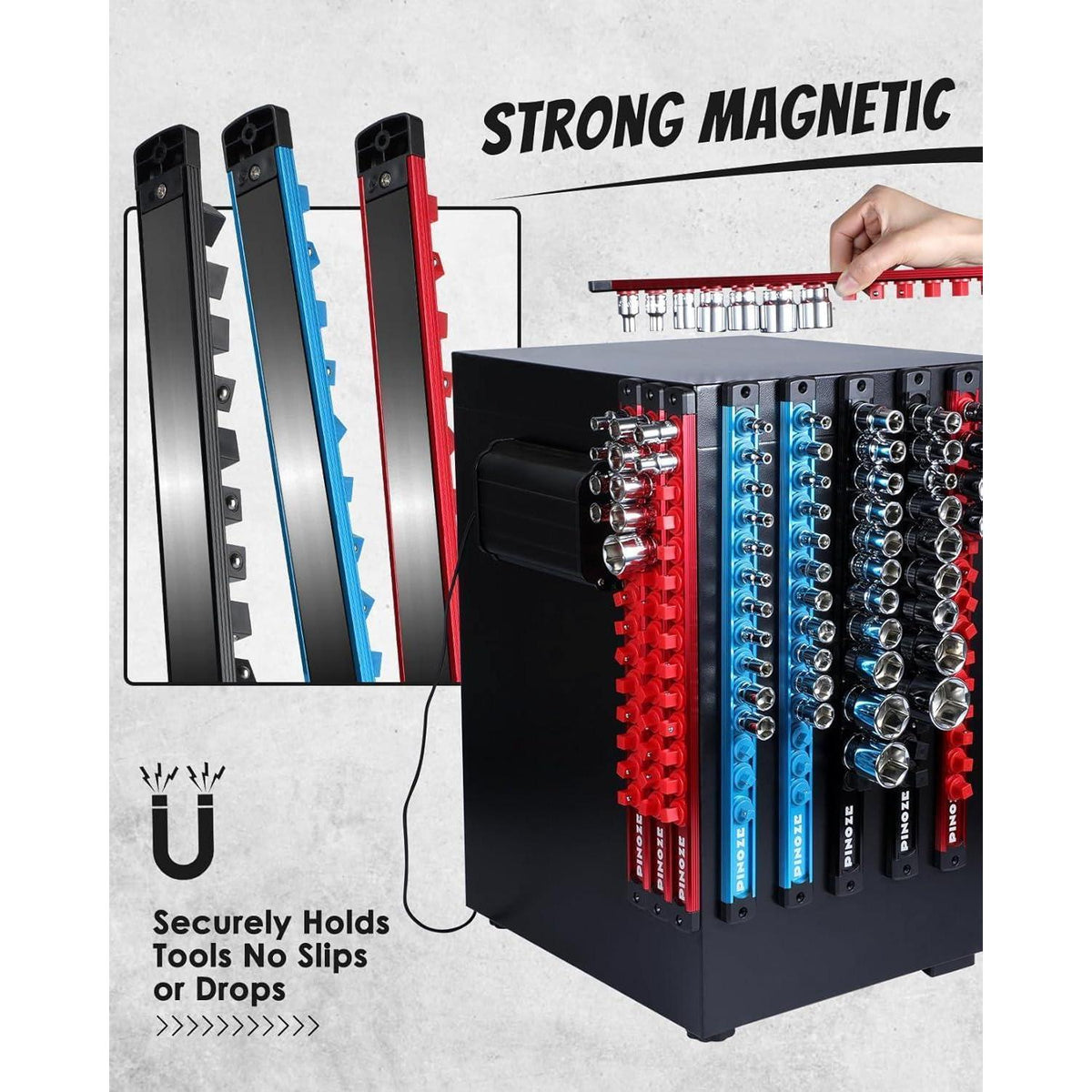 Magnetischer Steckschlüsselhalter-Organizer-Set, 1/4, 3/8, 1/2 Zoll, Blau