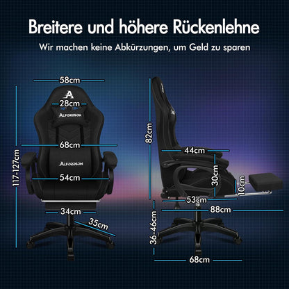 Gamer Stuhl ergonomisch mit Massage, Kopfstütze - Schwarz