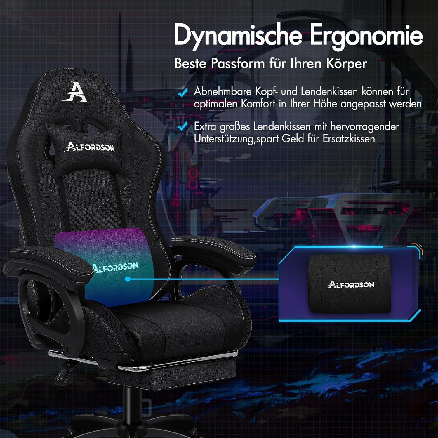 ALFORDSON Gamer Stuhl Ergonomisch mit Massagefunktion, Höhenverstellbar, Leinenstoff - Schwarz