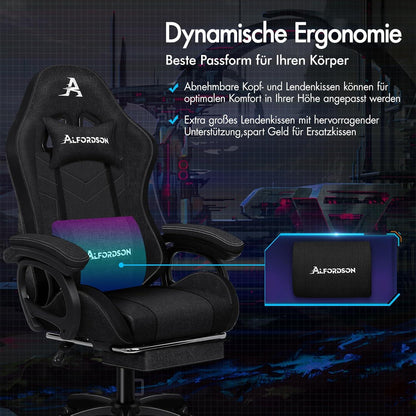 ALFORDSON Gamer Stuhl Ergonomisch mit Massagefunktion, Höhenverstellbar, Leinenstoff - Schwarz