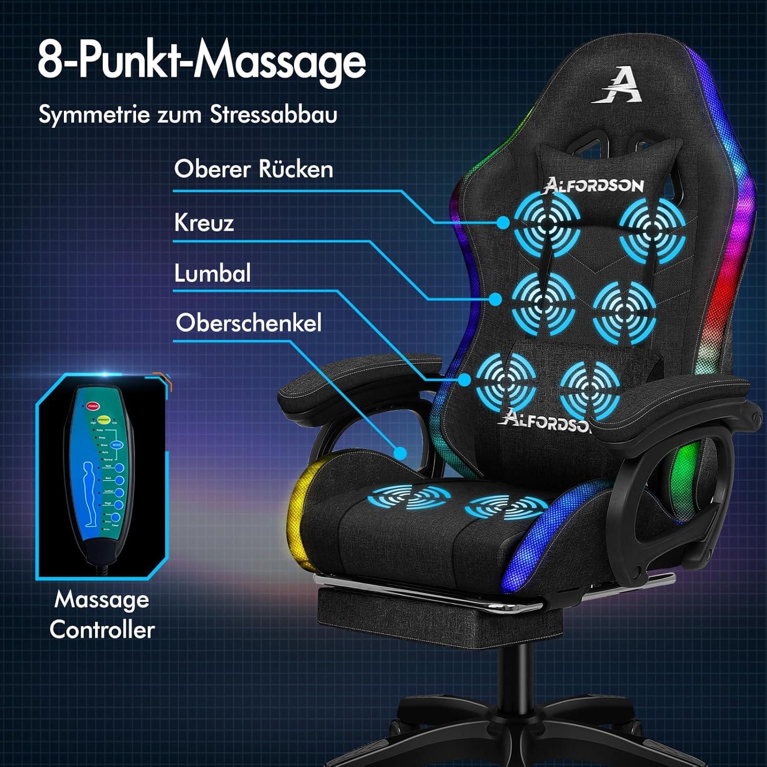 Gamer Stuhl Ergonomisch mit Massagefunktion Schwarz Leinenstoff