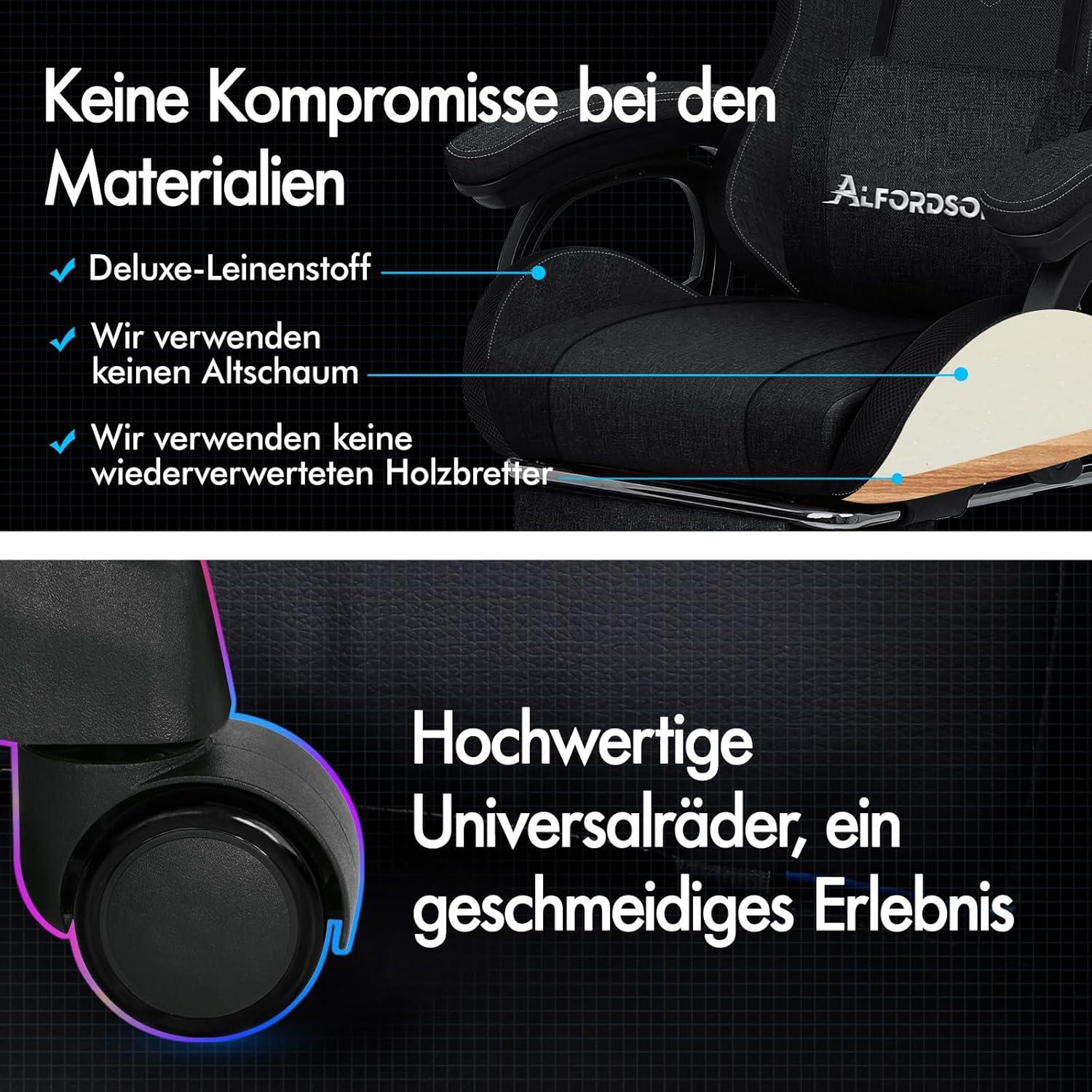 ALFORDSON Gamer Stuhl Ergonomisch mit Massagefunktion, Höhenverstellbar, Leinenstoff - Schwarz