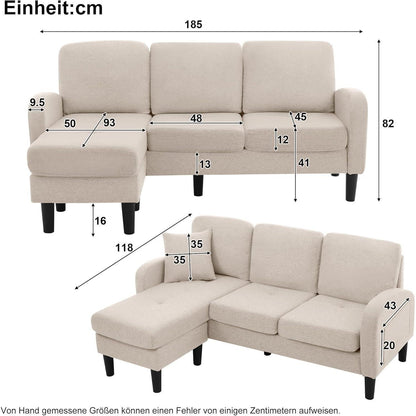 L-förmiges Ecksofa 3-Sitzer, Beige, Baumwolle & Leinen