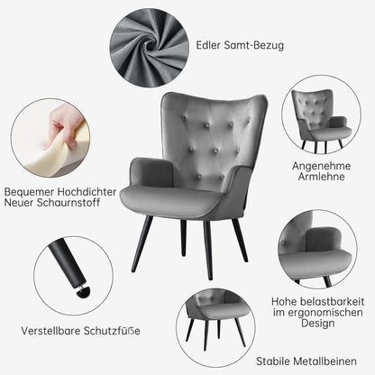 Ohrensessel 2er Set Grau – Samt Lesesessel mit hoher Rückenlehne