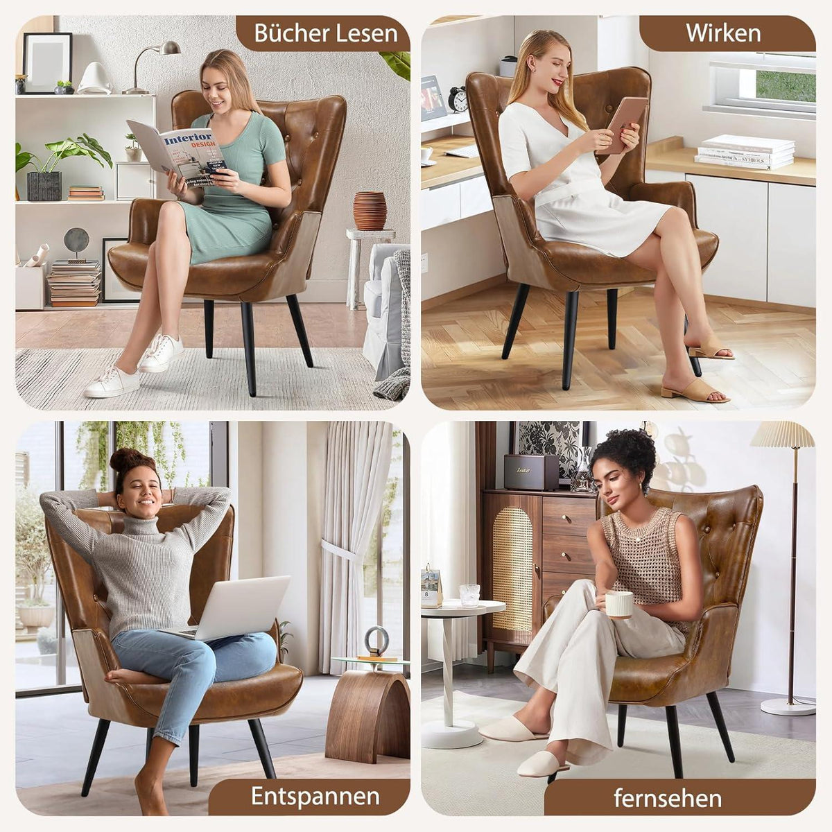 Ohrensessel 2er Set Braun – Skandinavischer Wohnzimmer Sessel