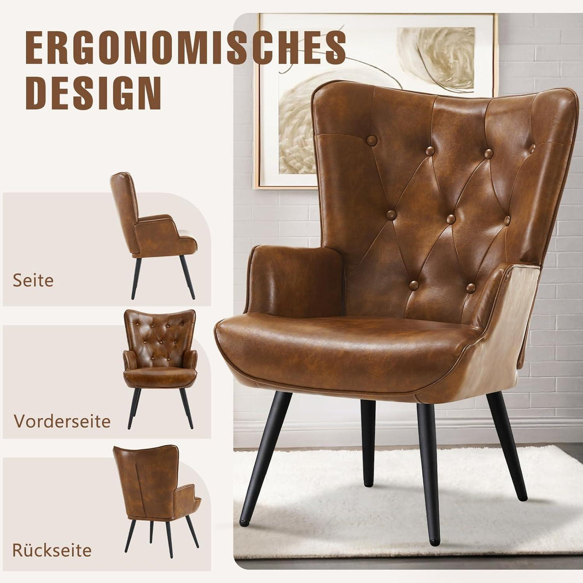 Ohrensessel 2er Set Braun – Skandinavischer Wohnzimmer Sessel